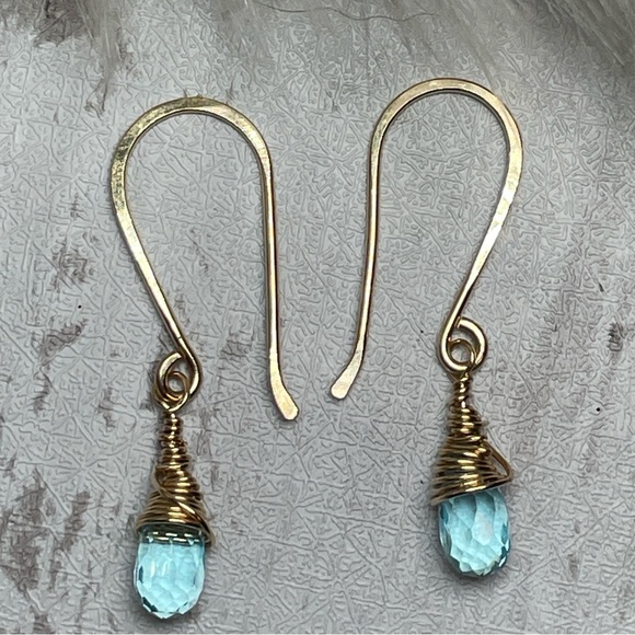 Aquamarine Quartz Crystal Earrings Artisan Designed 14k Gold Filled Wire - Picture 8 of 17